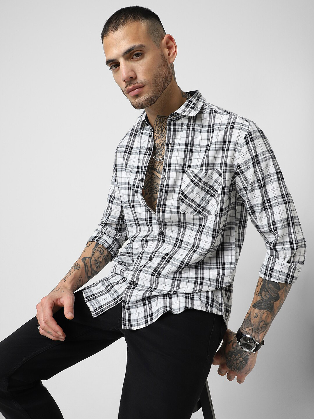 Men's Black Classic Slim Fit Tartan Checked Spread Collar Cotton Casual Shirt