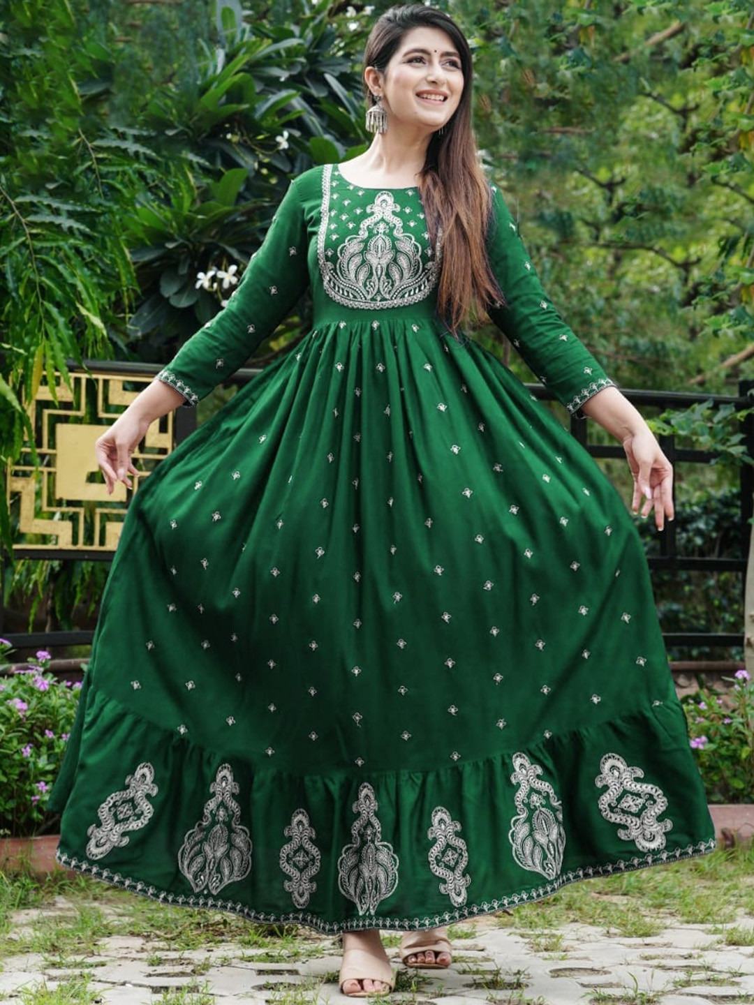 Floral Yoke Design Zari Anarkali Kurta with Trousers & Dupatta Set