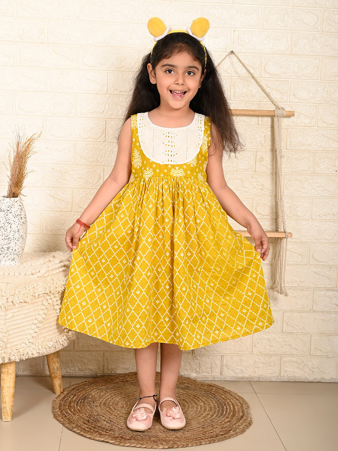 Buy Sangria Girls Yellow Floral Printed Cotton A Line Dress - Dresses ...