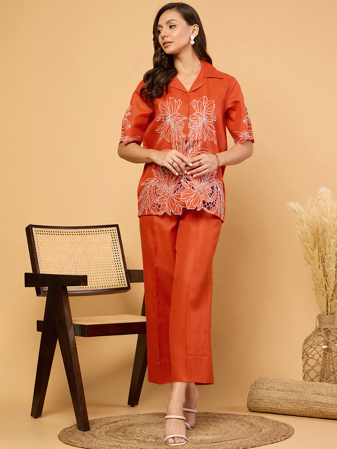 classy embroidered hand cutwork linen coord set