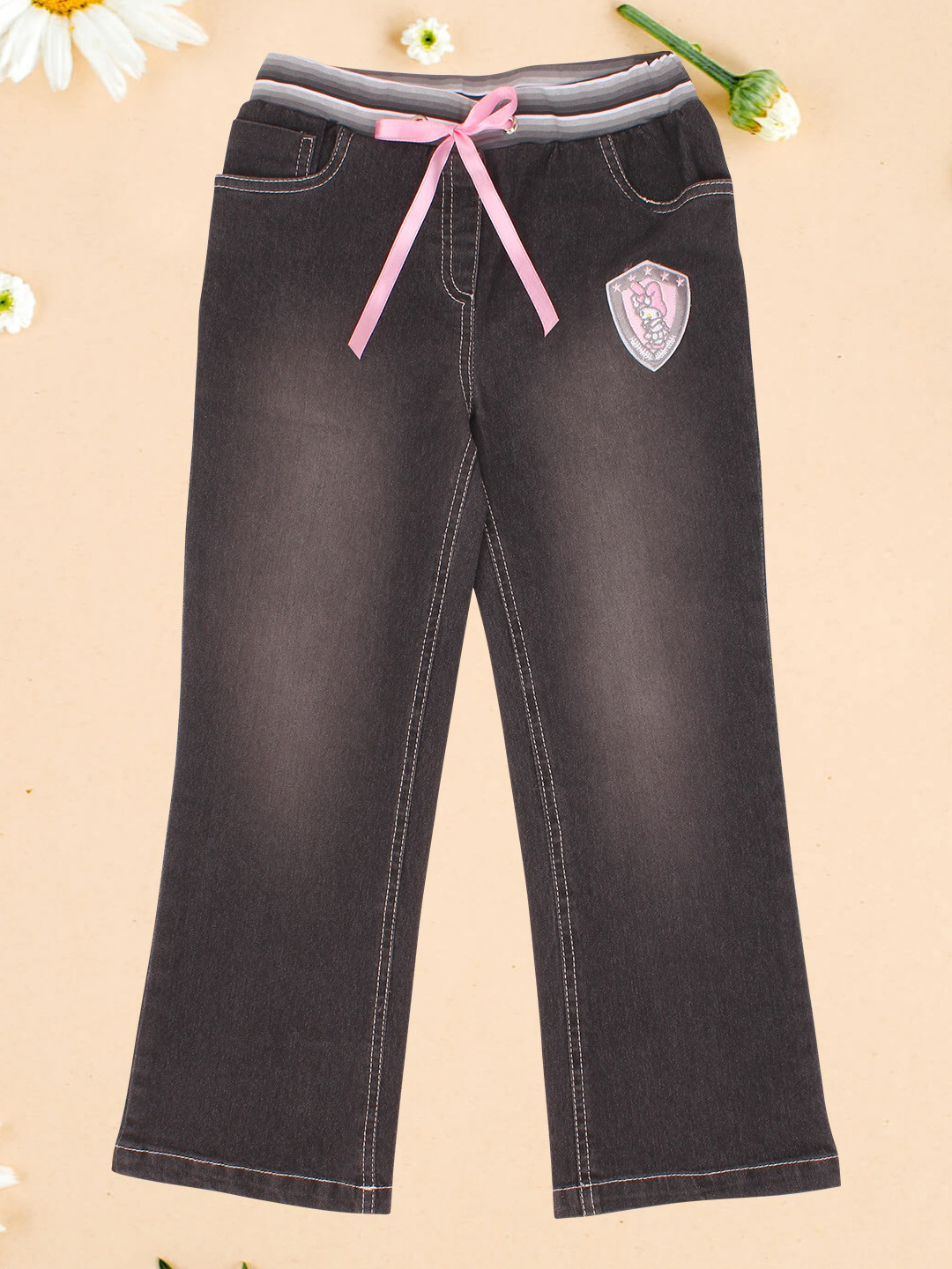 Nautinati Girls' 100% Cotton Regular Fit Stretchable Floral Embroidery Jeans