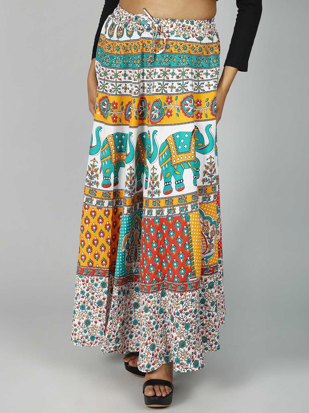 Yellow - Sanganeri Block Printed Tiered Cotton Long Skirt