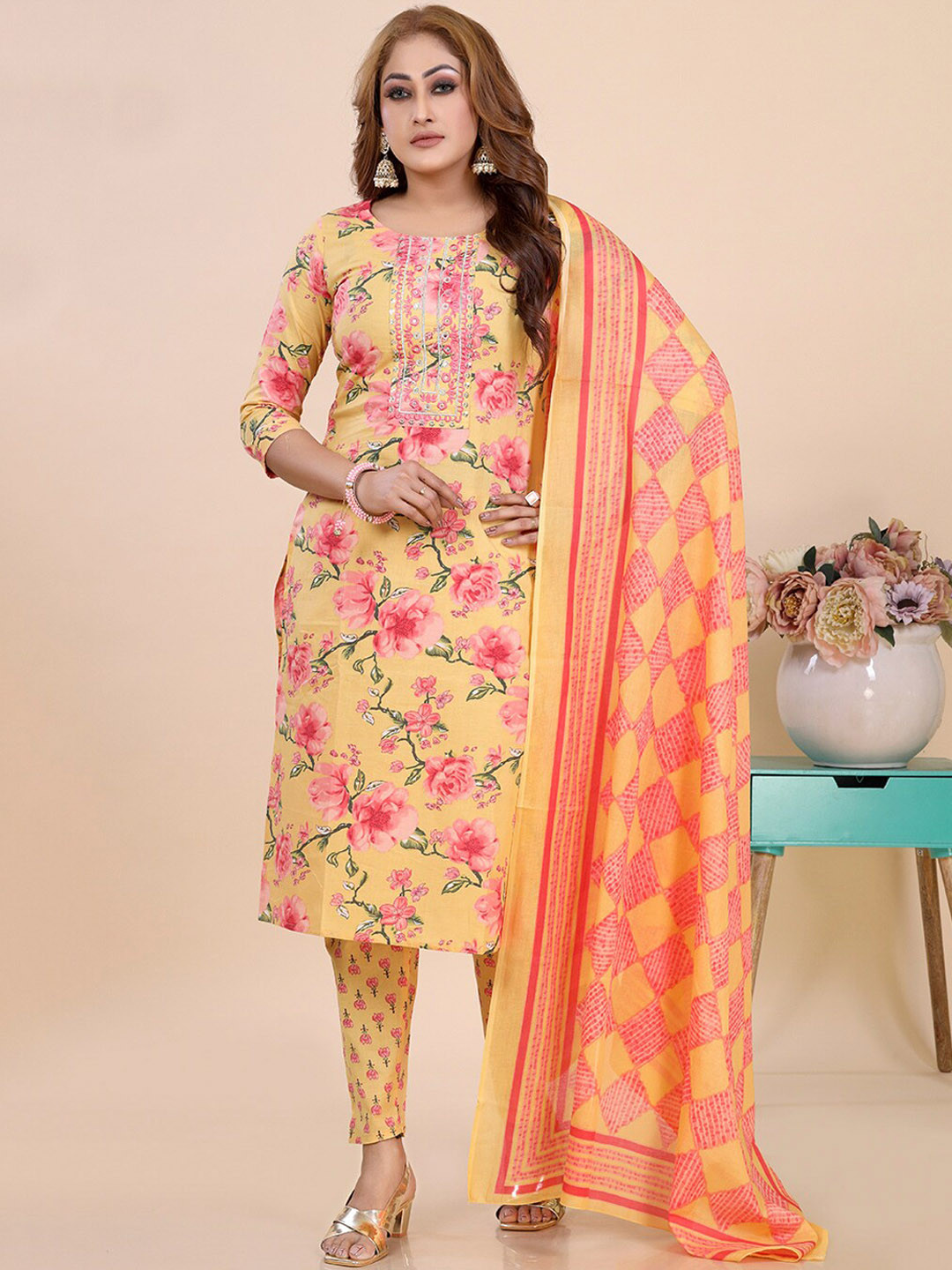 Floral Printed Embellished Kurti with Dhoti Pants