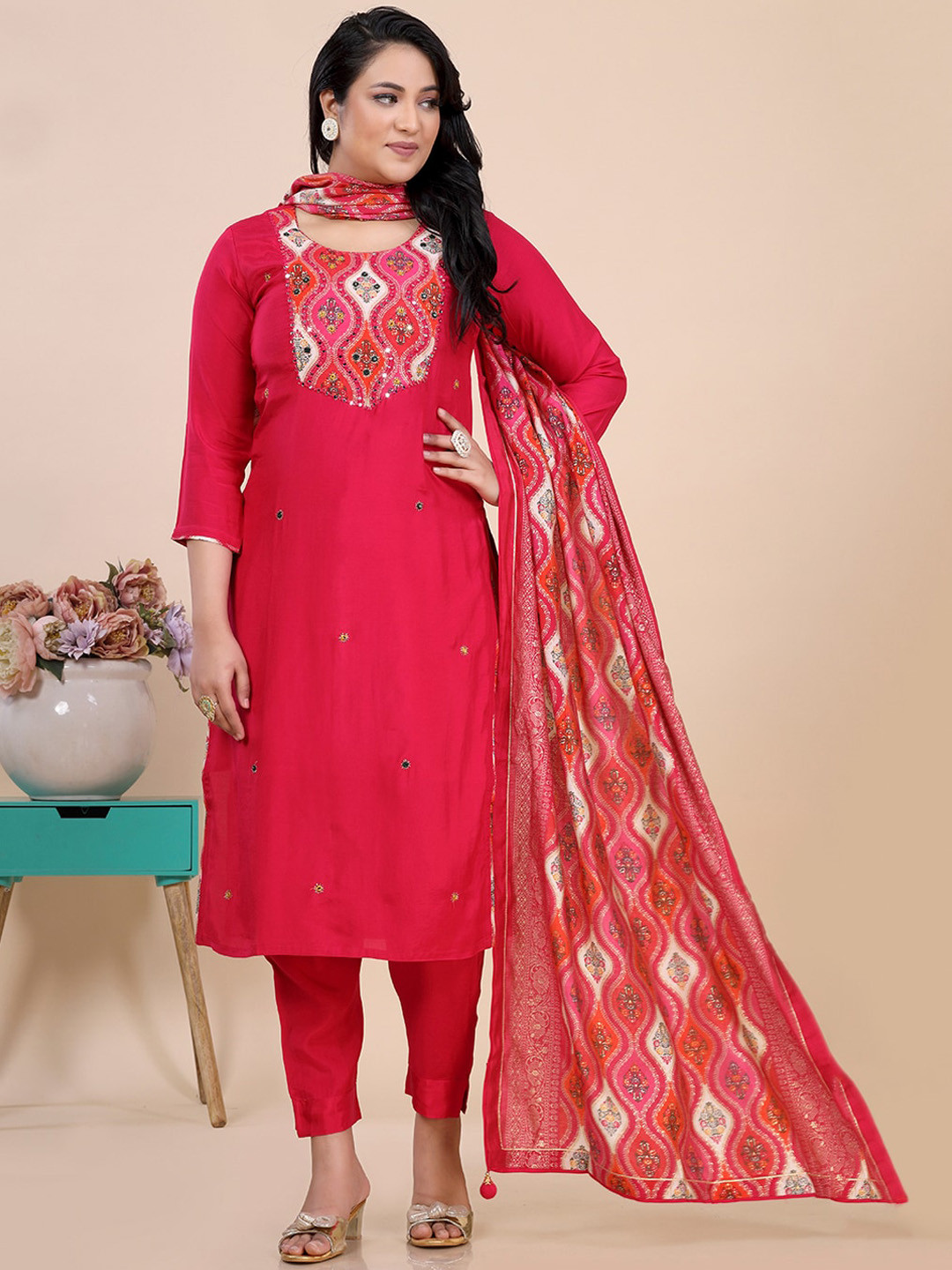 Multicolour lucknowi position print kurta set with mirror and thread work on yoke main image 0