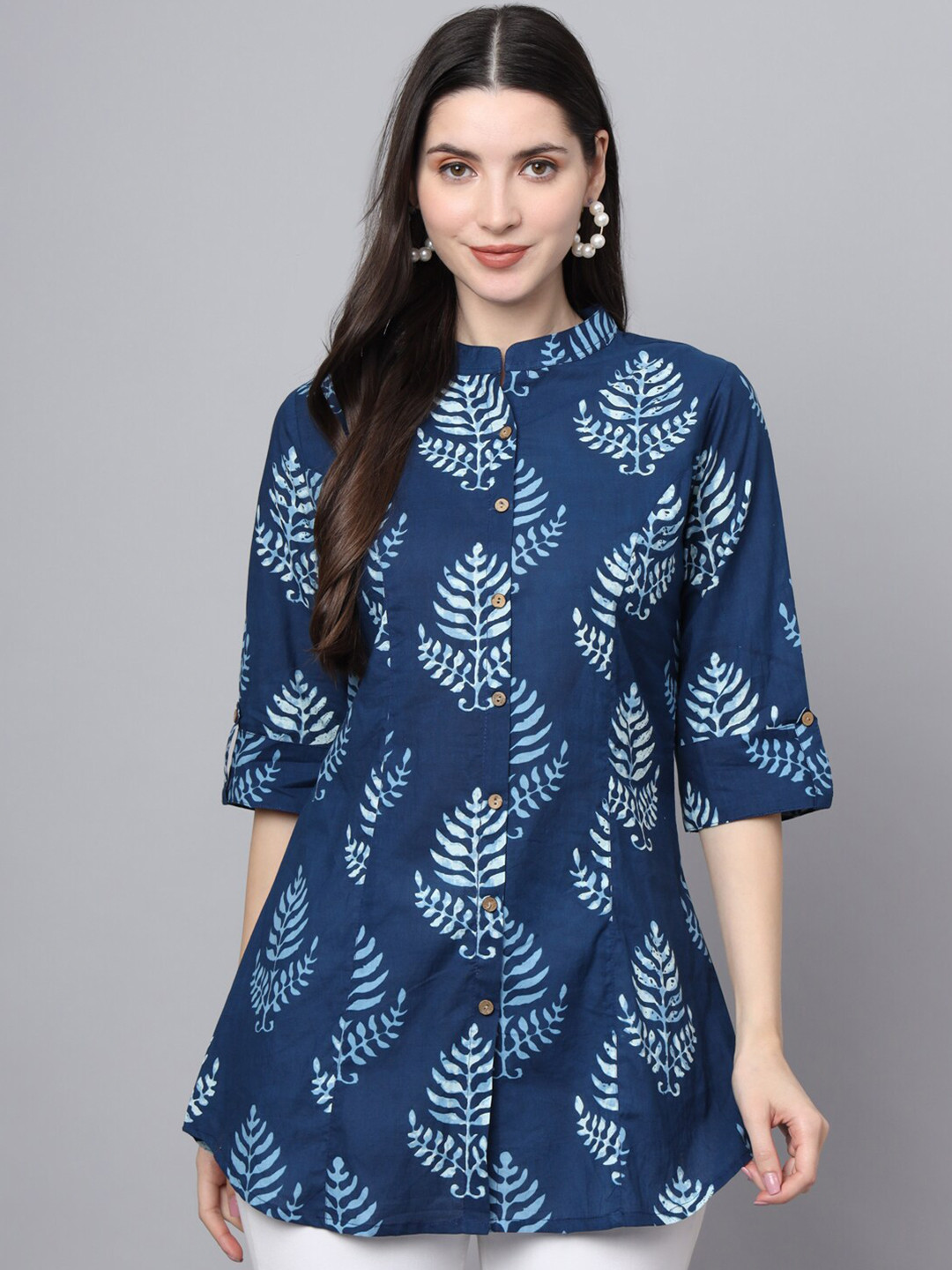 Women Blue Geometric Printed Mandarin Collar Cotton A-Line Dress