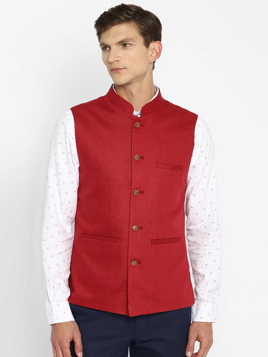 Men's Navy Blue Solid Slim Fit Nehru Jacket main image 1