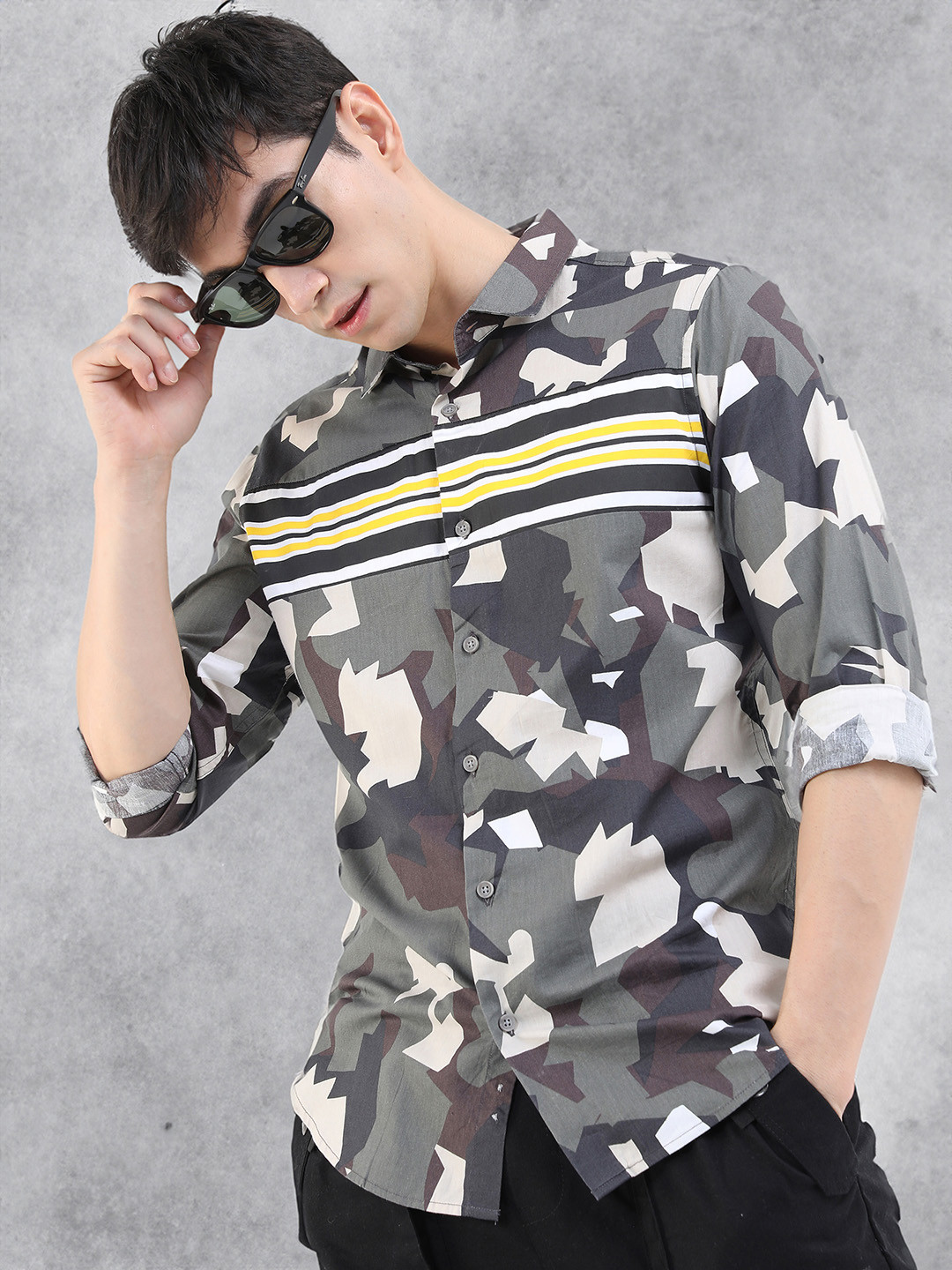 Men's Olive Premium Horizontal Striped Cotton Slim Fit Casual Shirt
