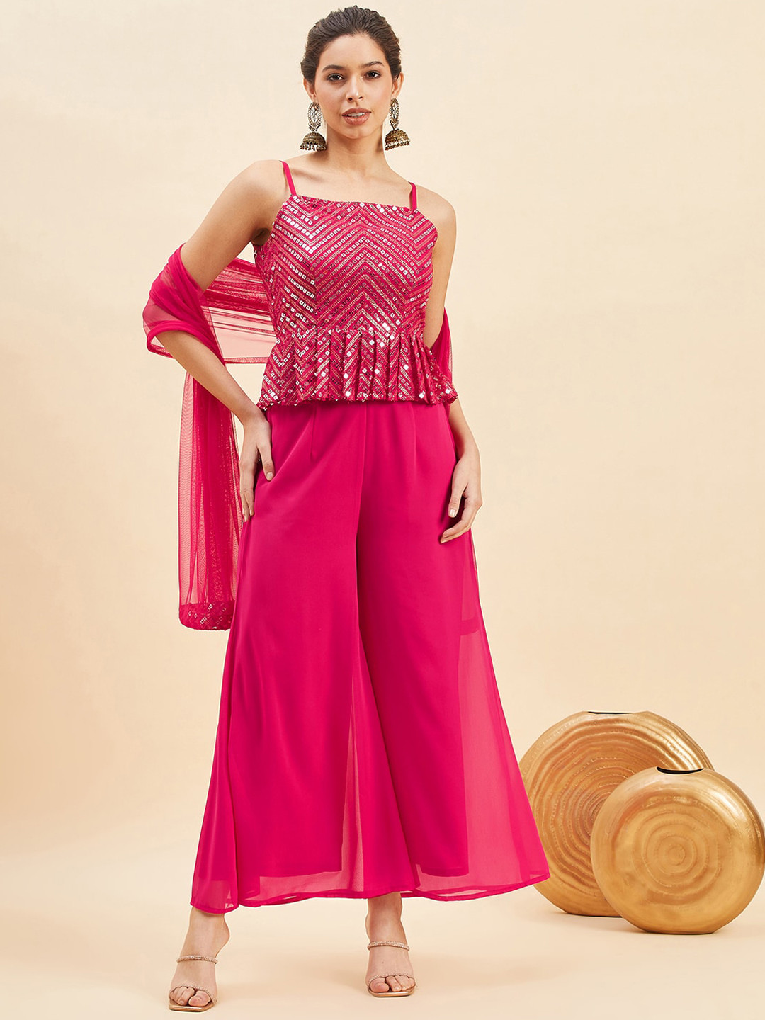 Women Floral Yoke Design Pleated Sequinned Kurti with Sharara & With Dupatta