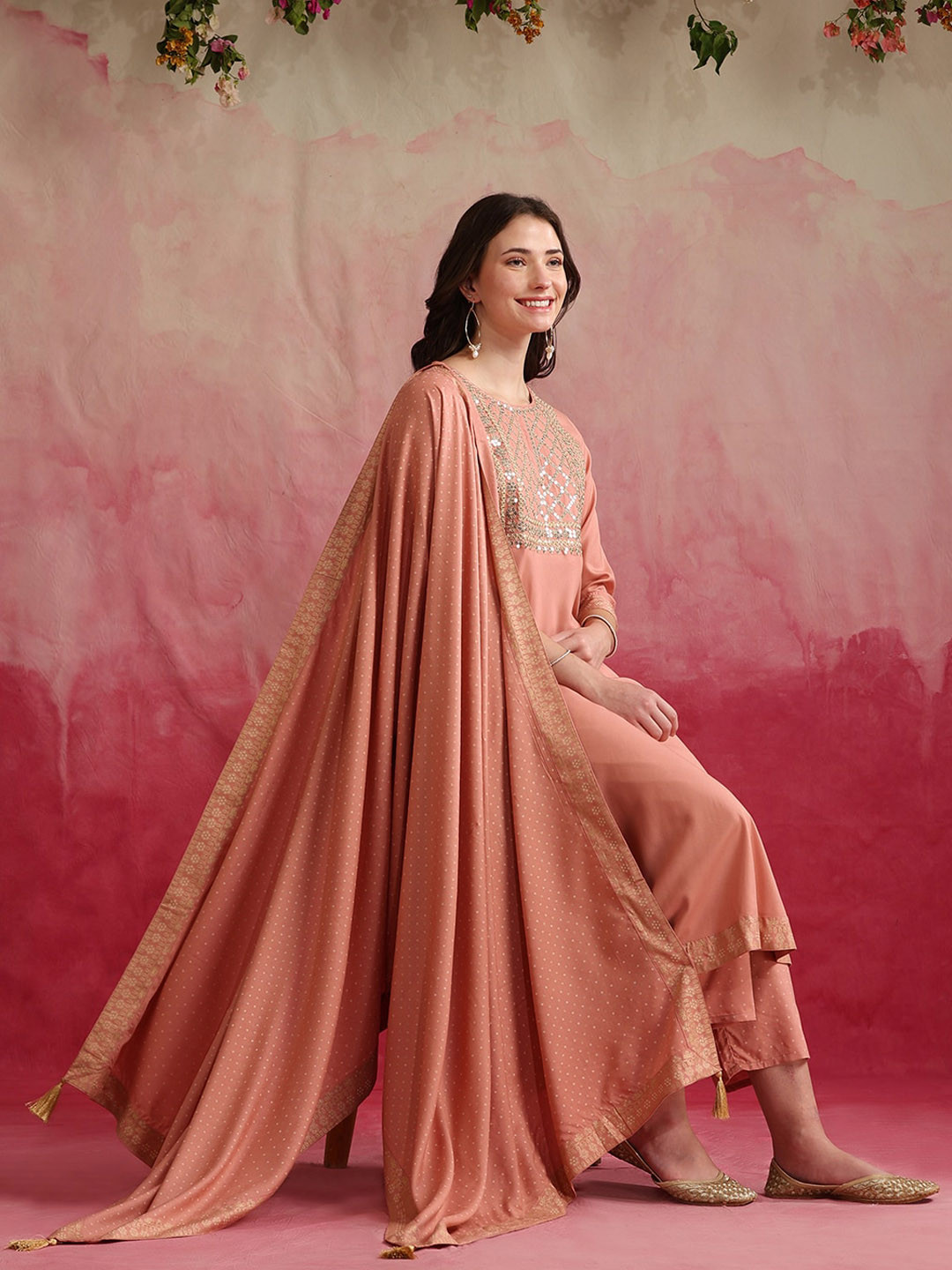 Women Coral Embroidery Kurta Set with Palazzos & Dupatta | Stylish Ethnic Wear - Indiaista main image 0