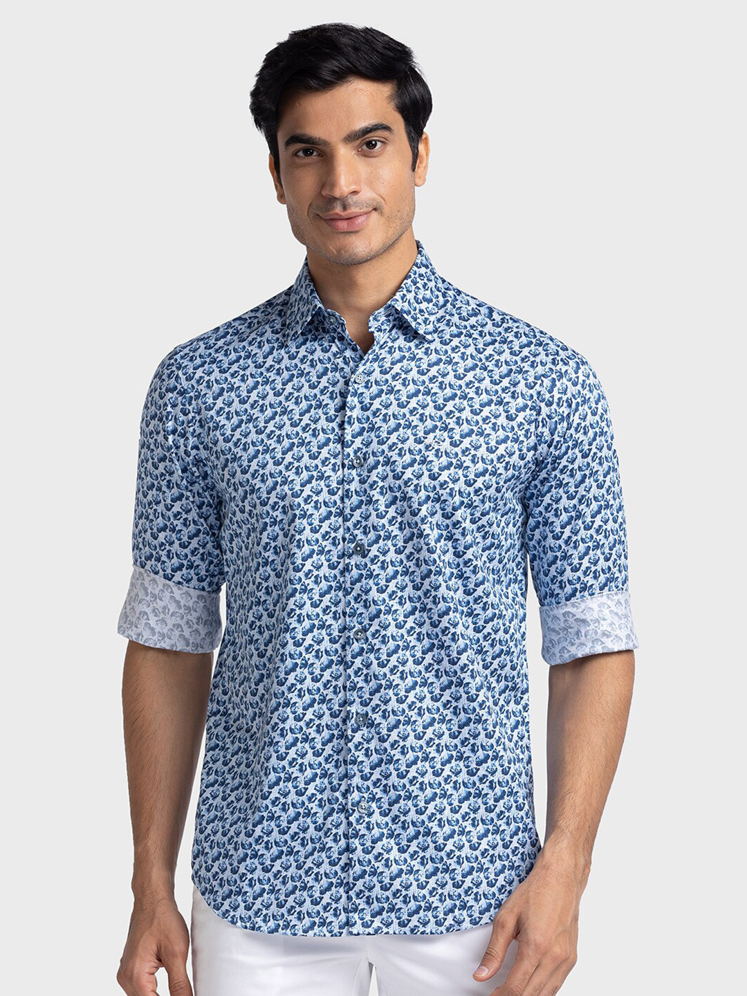 Men's Blue Floral Printed Cotton Casual Shirt