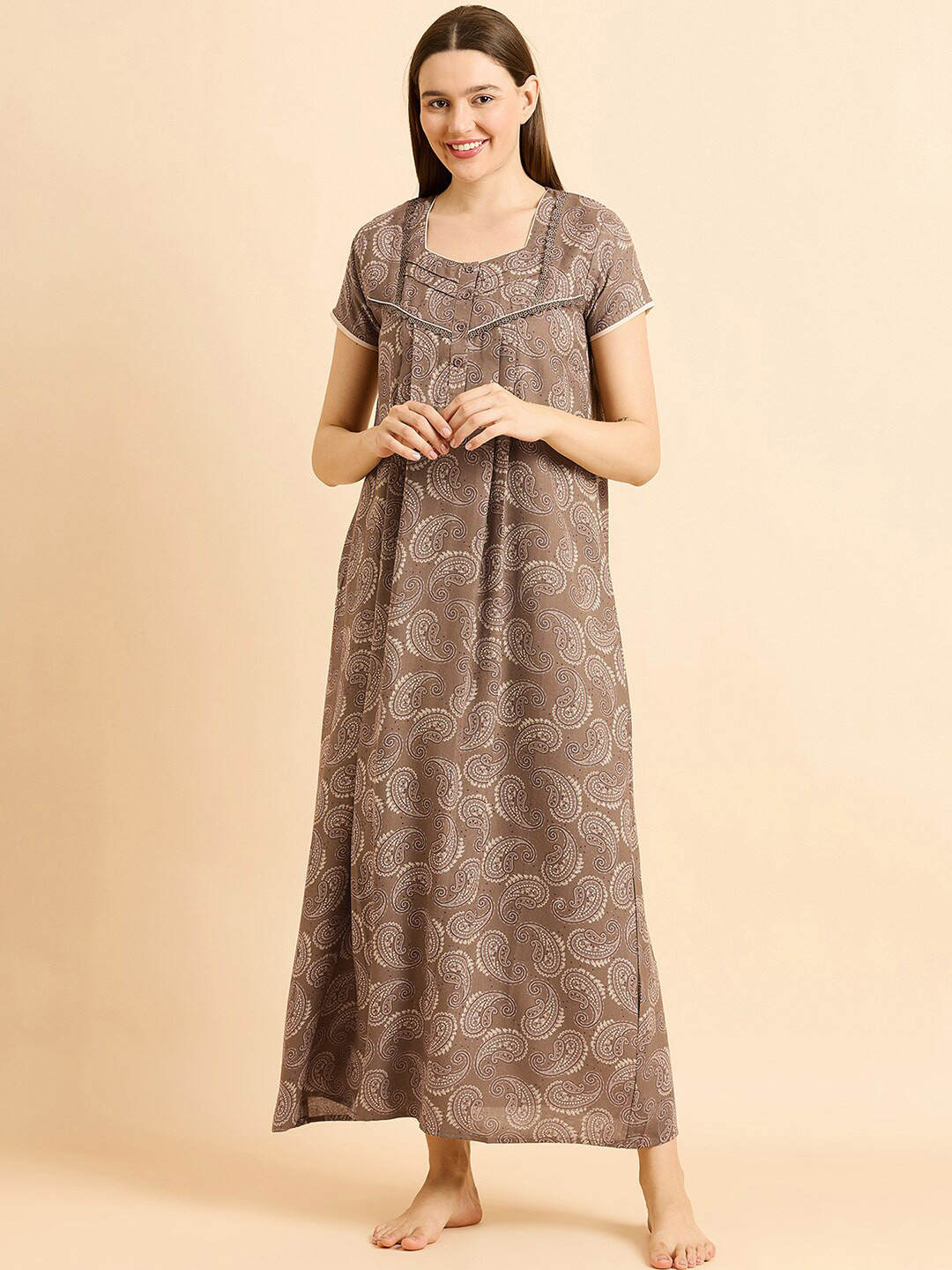 Brown Ethnic Motifs Half Sleeves Tops