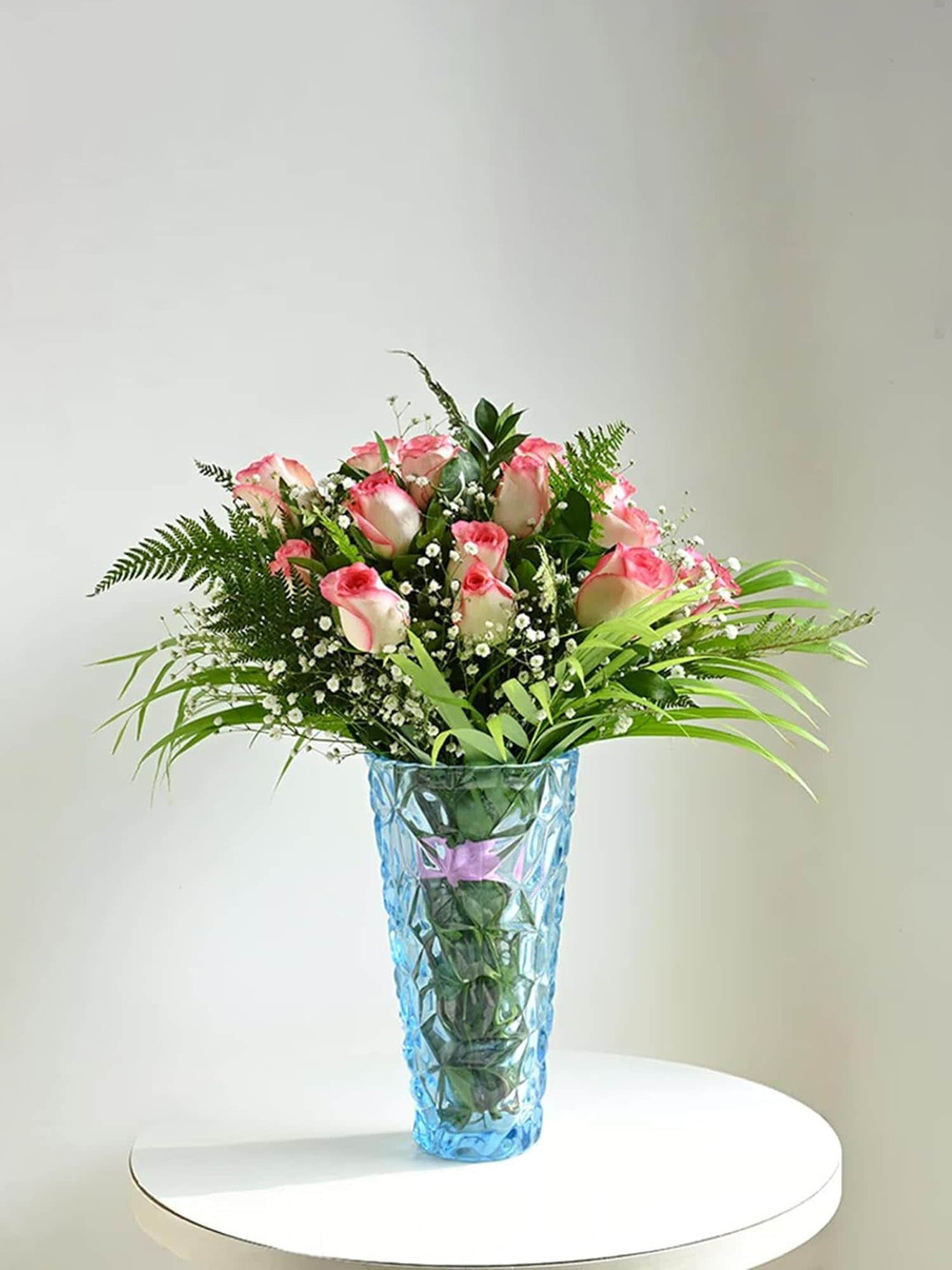 Buy Floweraura Pink 12 Pieces Roses Fresh Flowers In Fancy Glass Vase ...