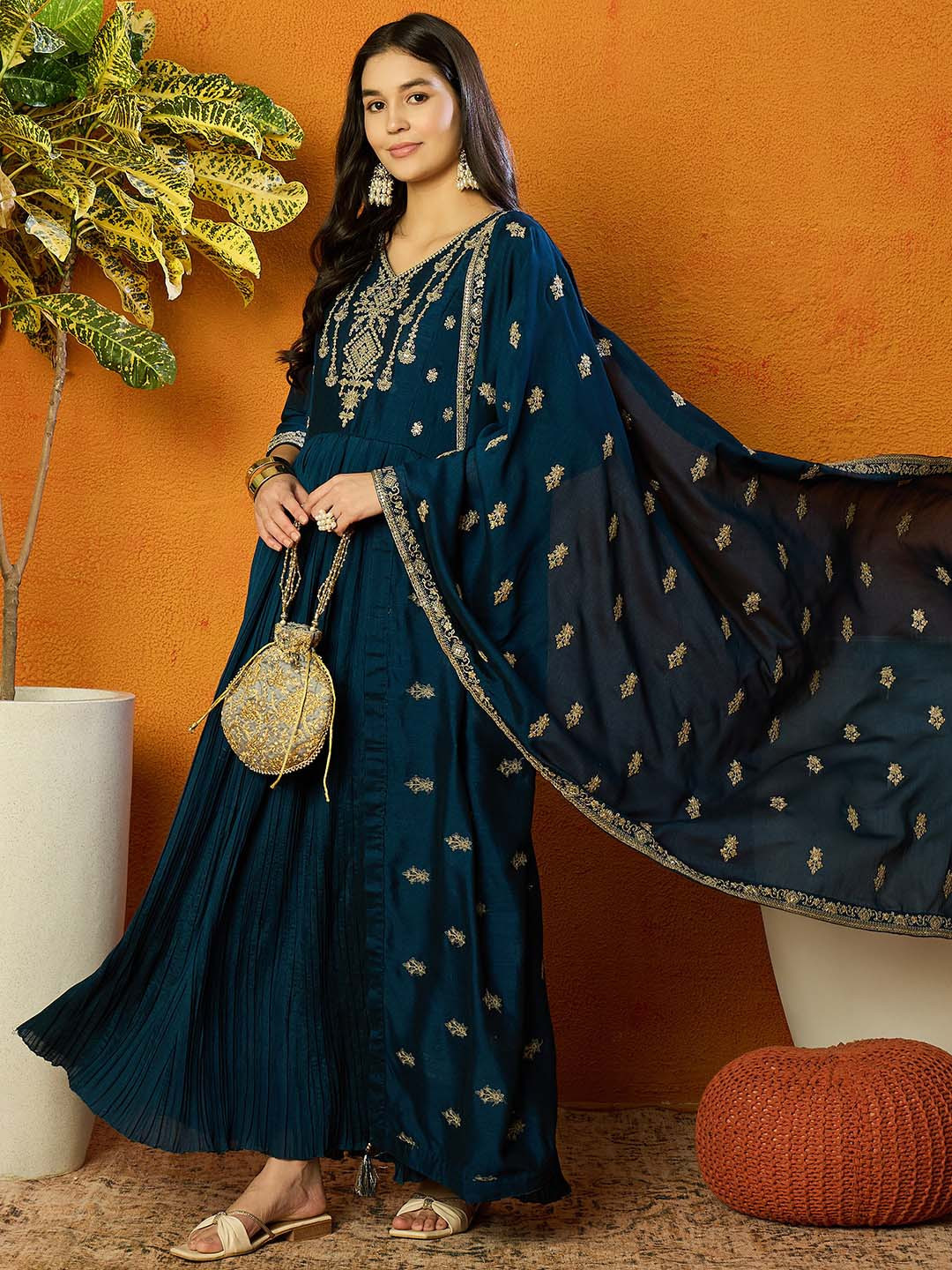 Women Rust Cotton Ethnic Motif Printed Anarkali Kurta Set with Matching Pants & Dupatta