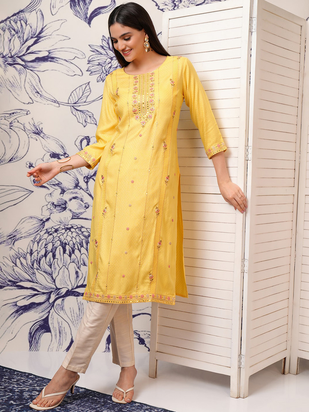 Women Yellow Embroidered Straight Kurtas