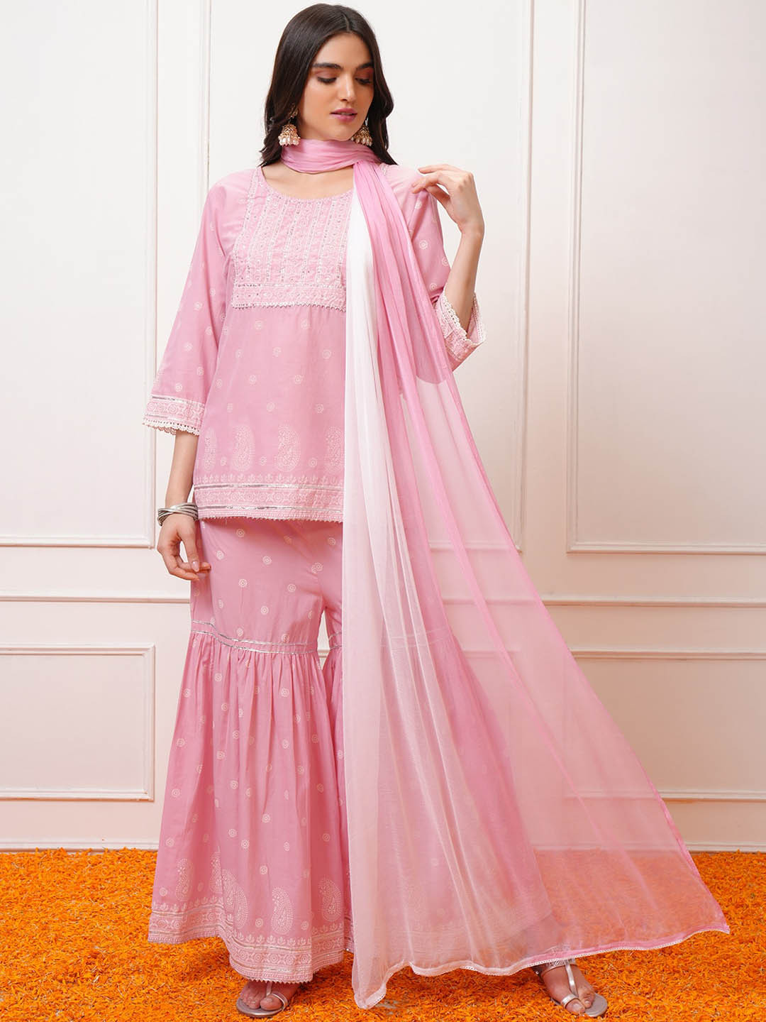 Women Black Sequinned Kurta with Sharara & Dupatta