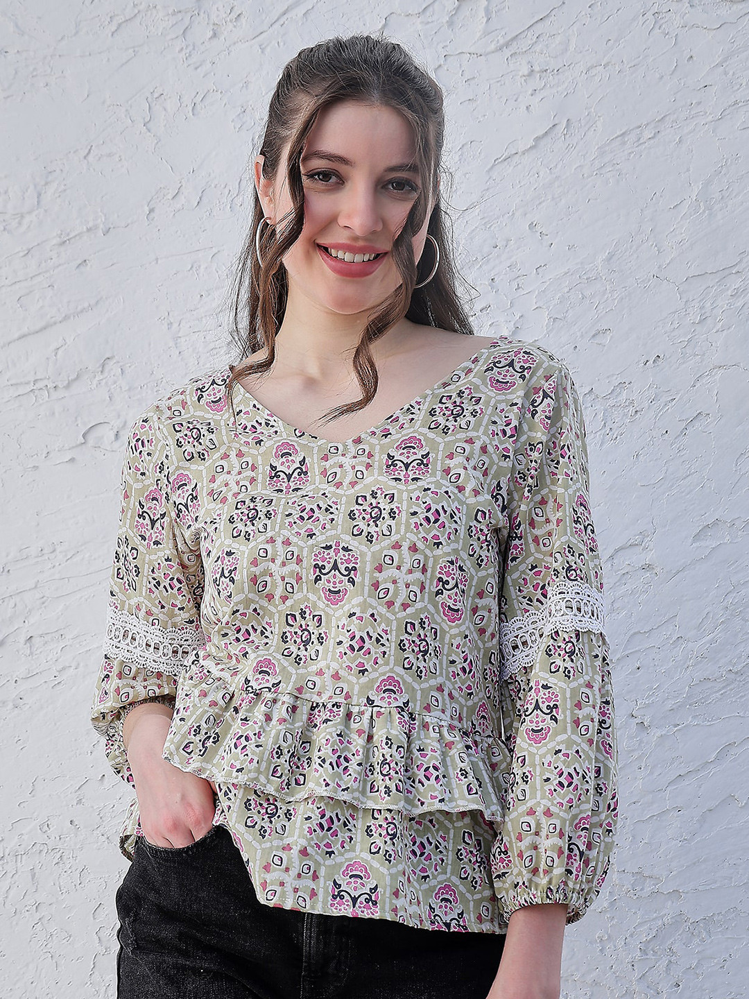 Casual Regular Sleeves Ethnic Motifs Women Pink Top main image 0