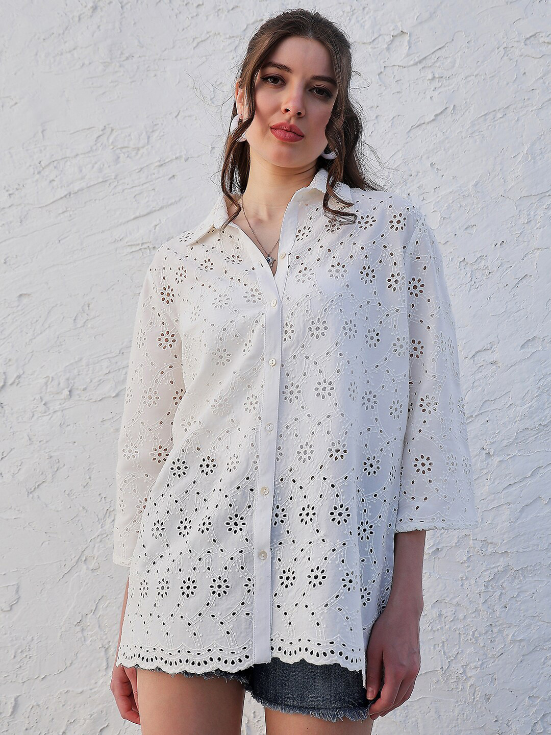 White Schiffli Cotton Shirt