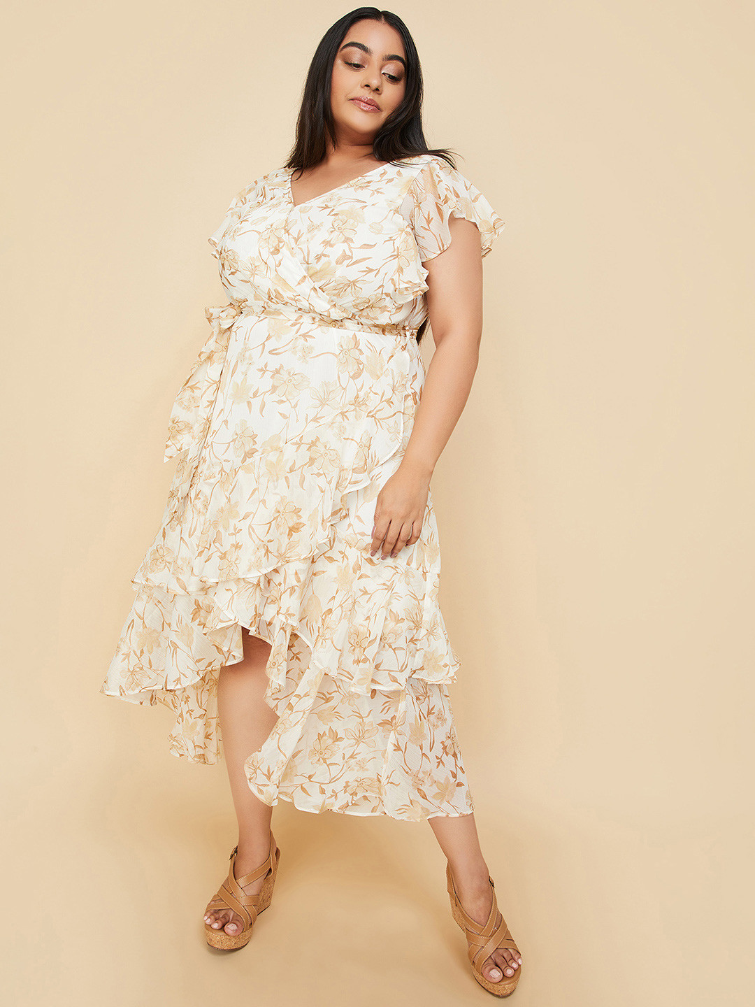 Plus Size Printed V-Neck Flutter Sleeve Tie Waist Maxi Dress