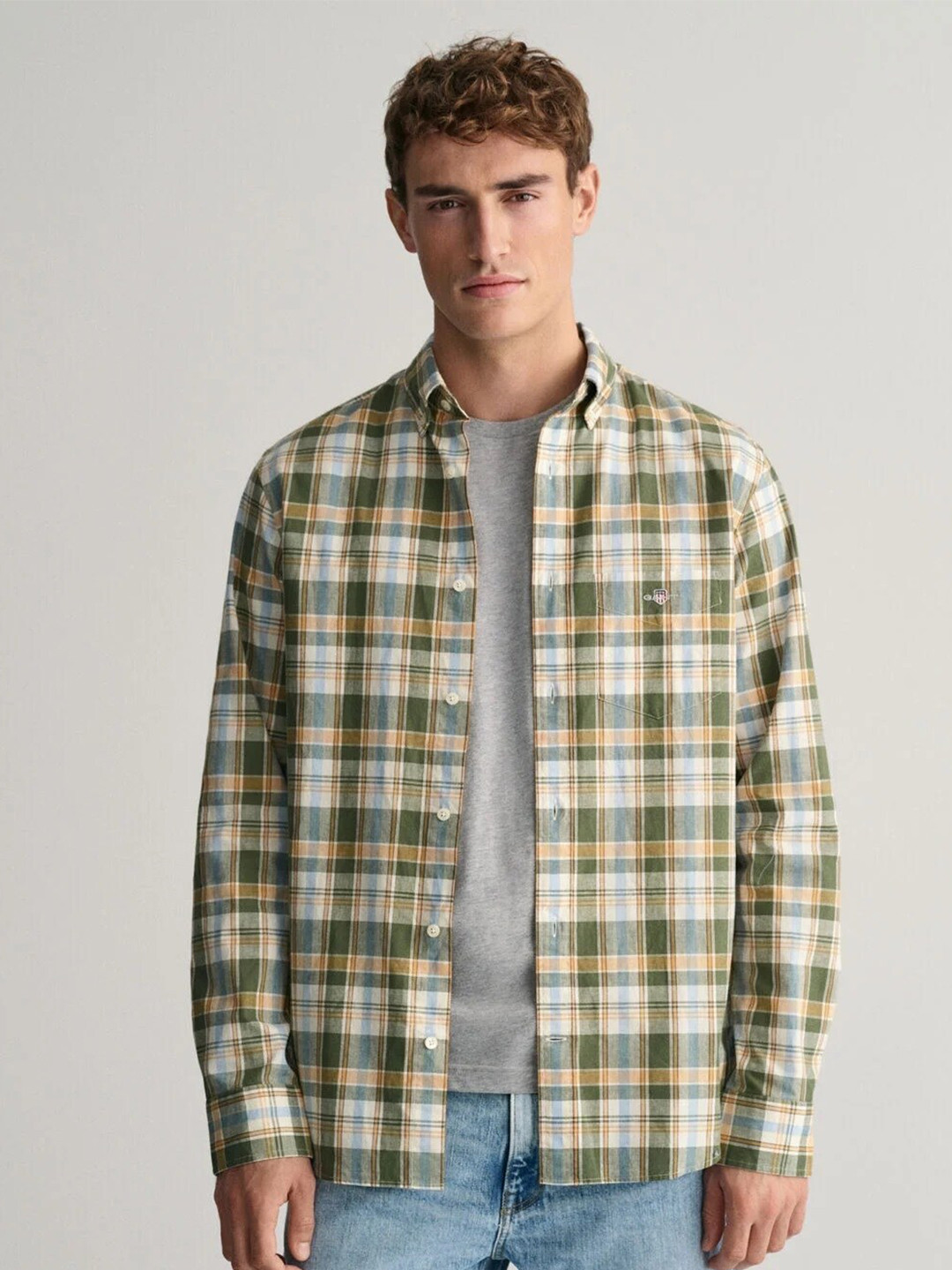 Gant Men Yellow Checked Button-down Collar Long Sleeves Shirt