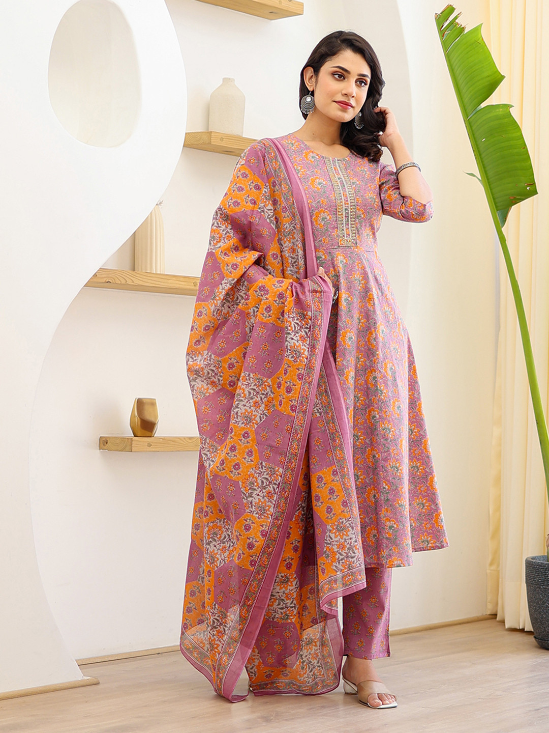 Women Floral embroidered orange v_neck cotton Kurta set With Trouser & Dupatta