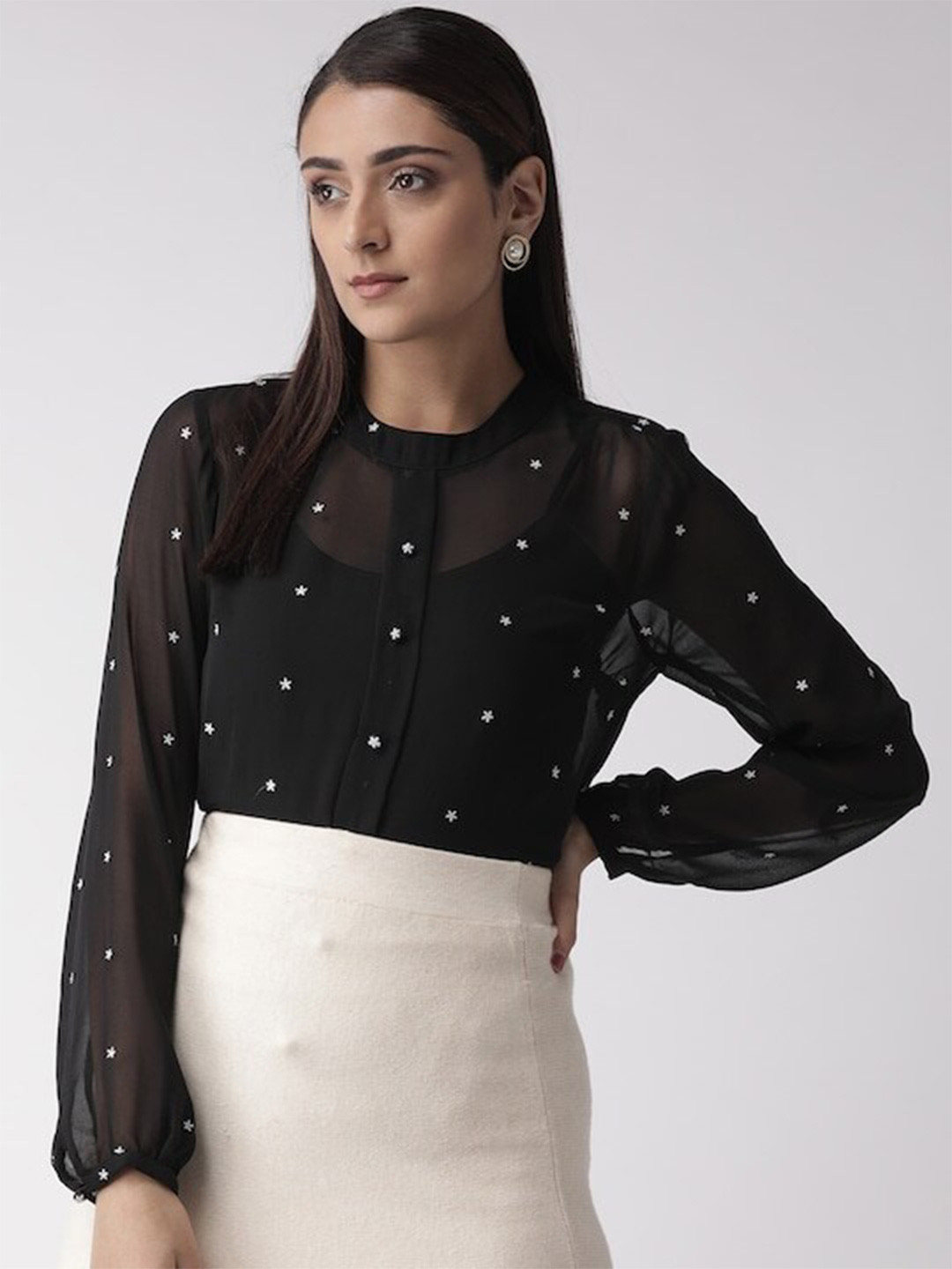 Women's Navy Blue Embellished Puff Sleeves Top