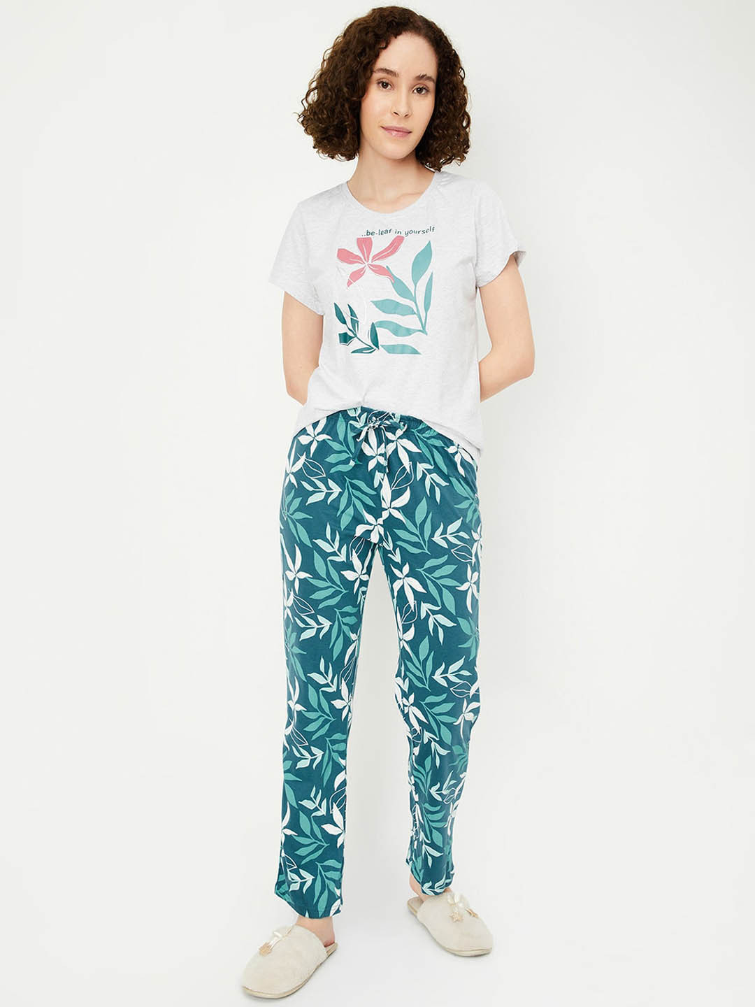 Women Olive Green Floral Printed Night Suit Set main image 1