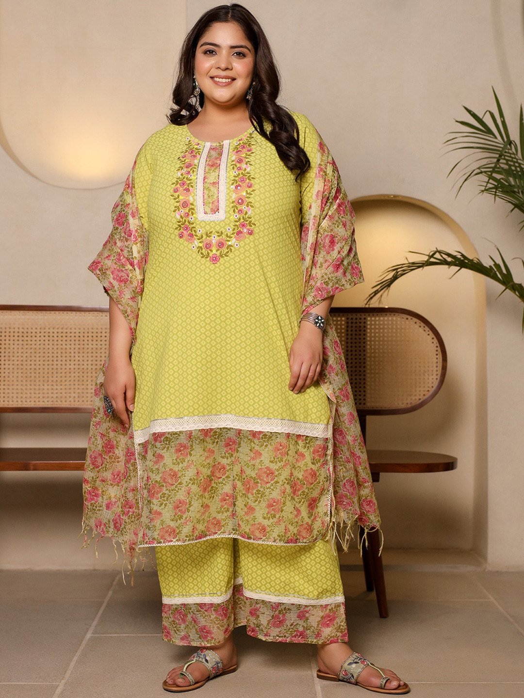 Women'S Yellow Flower Print Cotton Kurta Set Plus Size main image 0