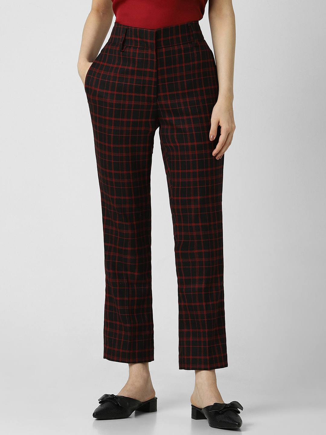 Buy Van Heusen Woman Mid Rise Regular Fit Checked Regular Trousers ...
