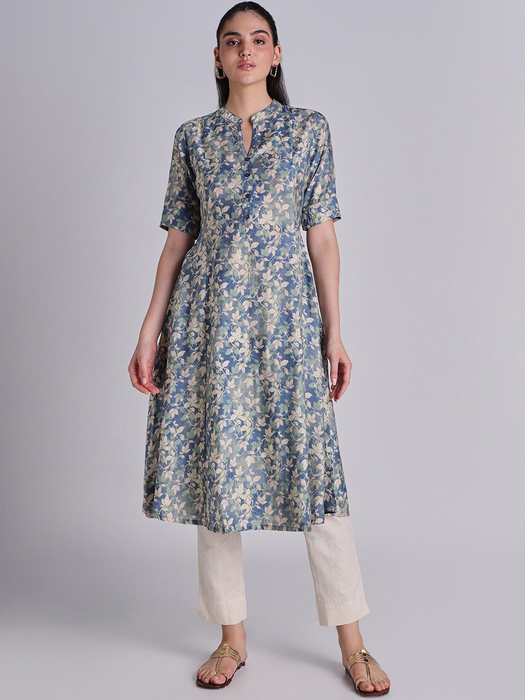 Buy House Of Dharaa Mandarin Collar Floral Printed Cotton A Line Kurta ...