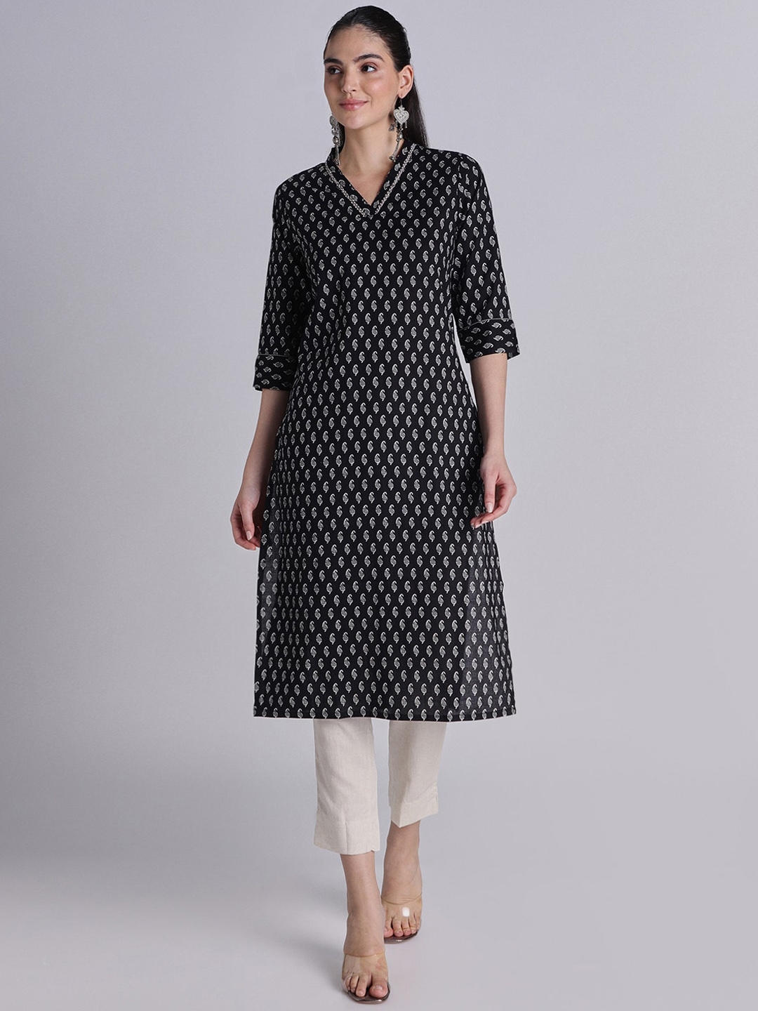 Buy House Of Dharaa Floral Printed Mandarin Collar Pure Cotton Straight ...