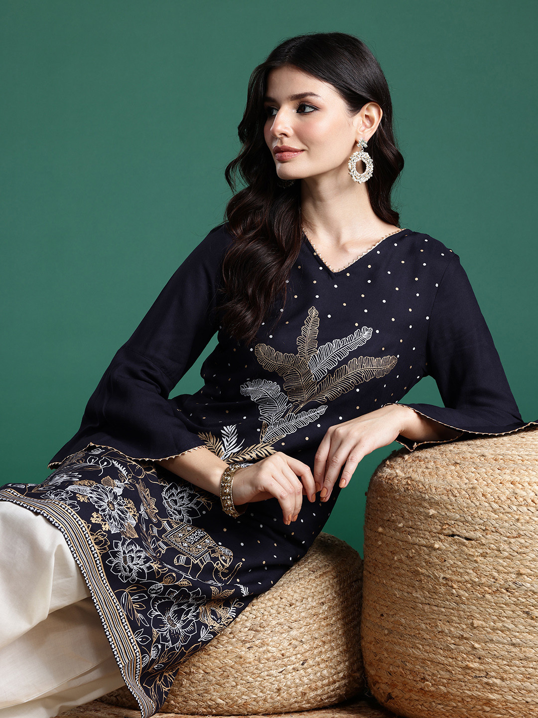 Indo Era Wine Bandhani Printed Flared Sleeves Gotta Patti Kaftan Kurta