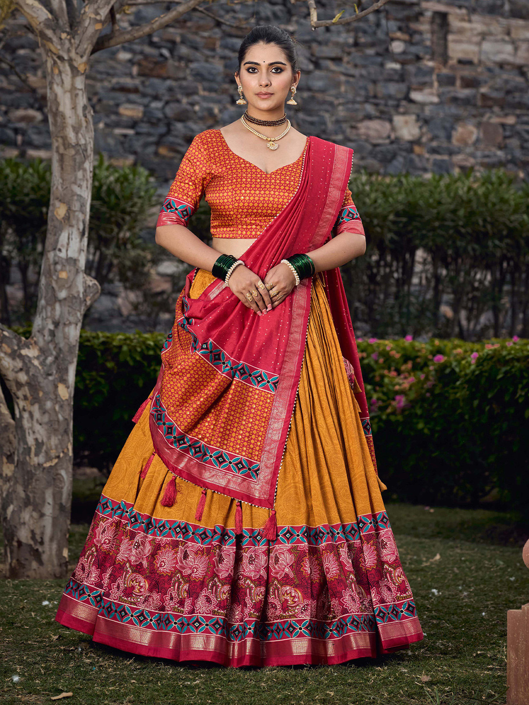 Classic Mustard Printed Semi-Stitched Lehenga Choli with Dupatta