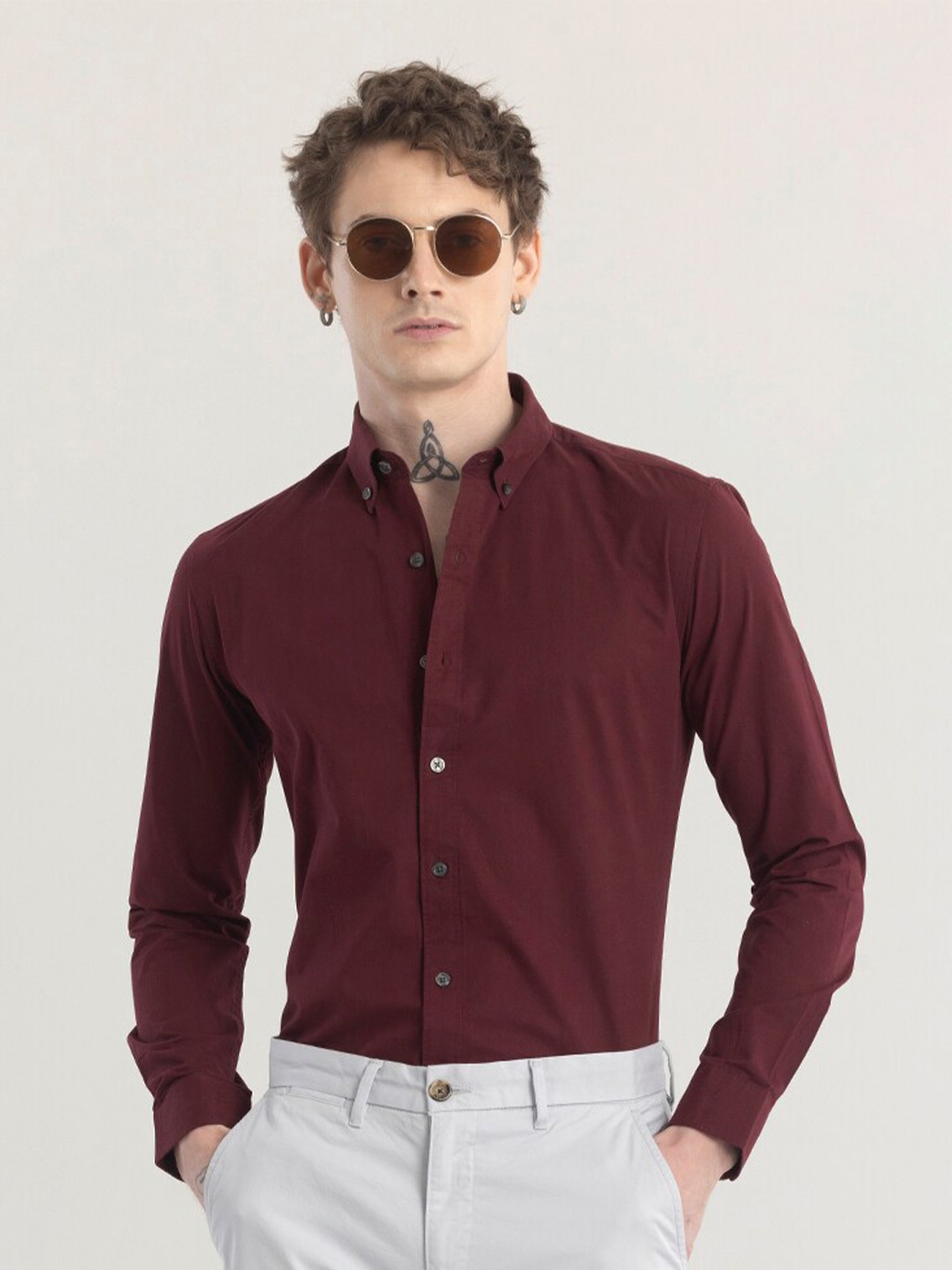 Buy Snitch Maroon Straight Slim Fit Button Down Collar Cotton Casual ...