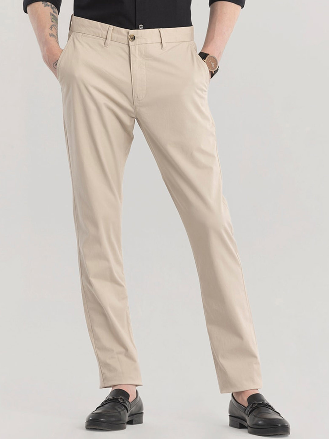 Men'S Beige Checked Formal Trousers