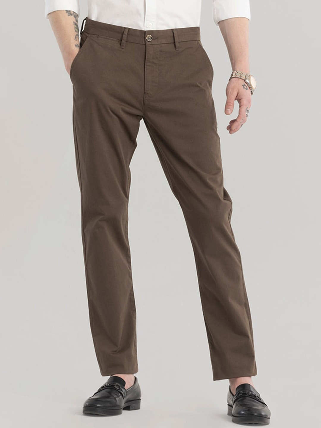 Buy Snitch Men Brown Slim Fit Mid Rise Cotton Formal Trousers ...