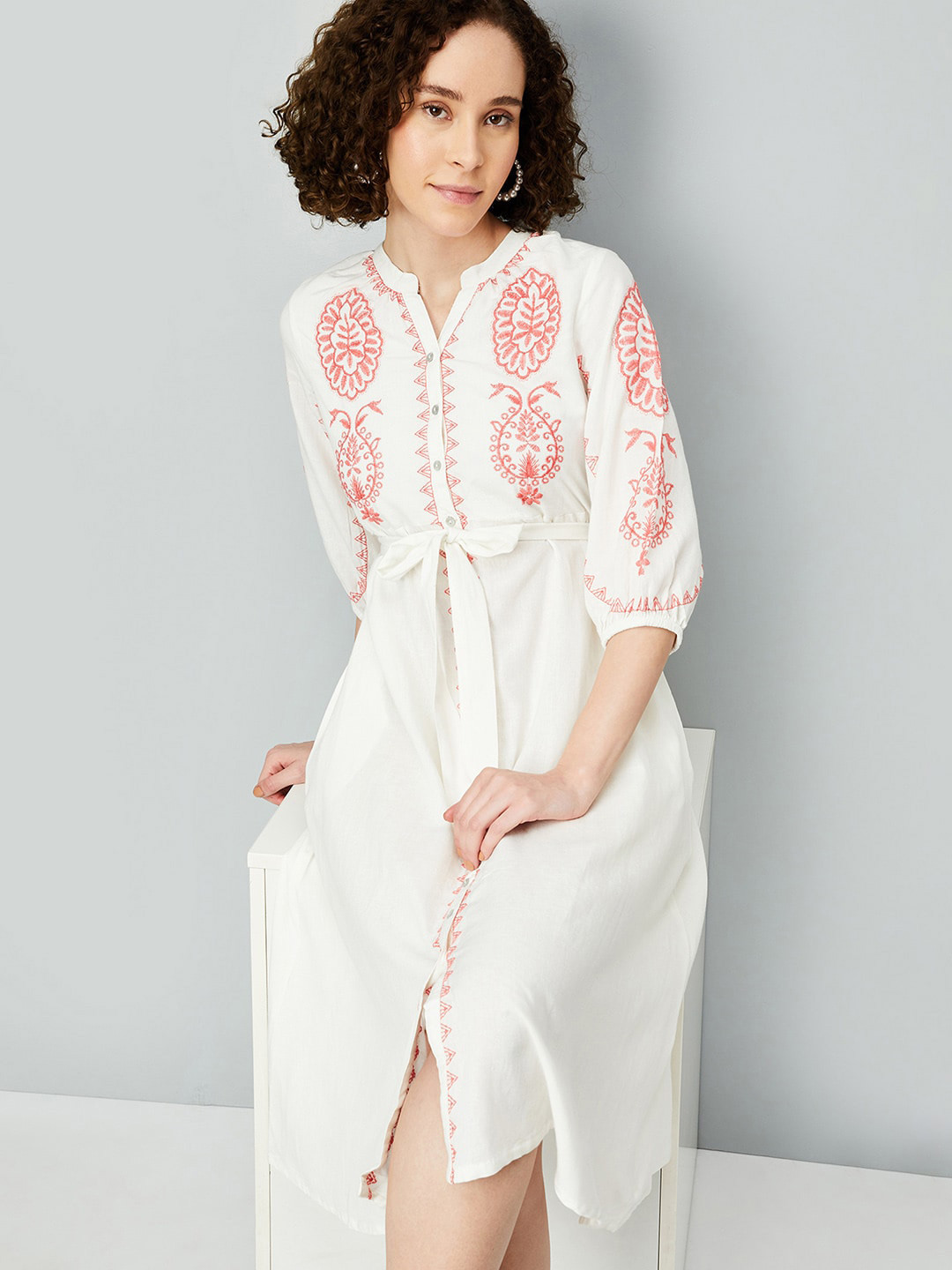 Multi Colored Ankle Length Dress With Madarin Collar