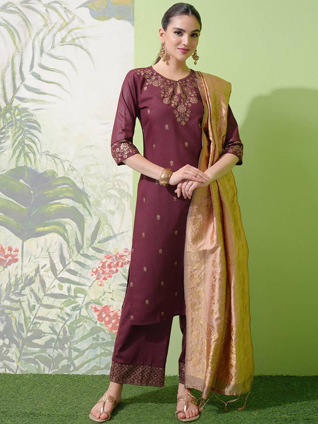 Floral Embroidered Straight Kurta with Palazzos & Dupatta