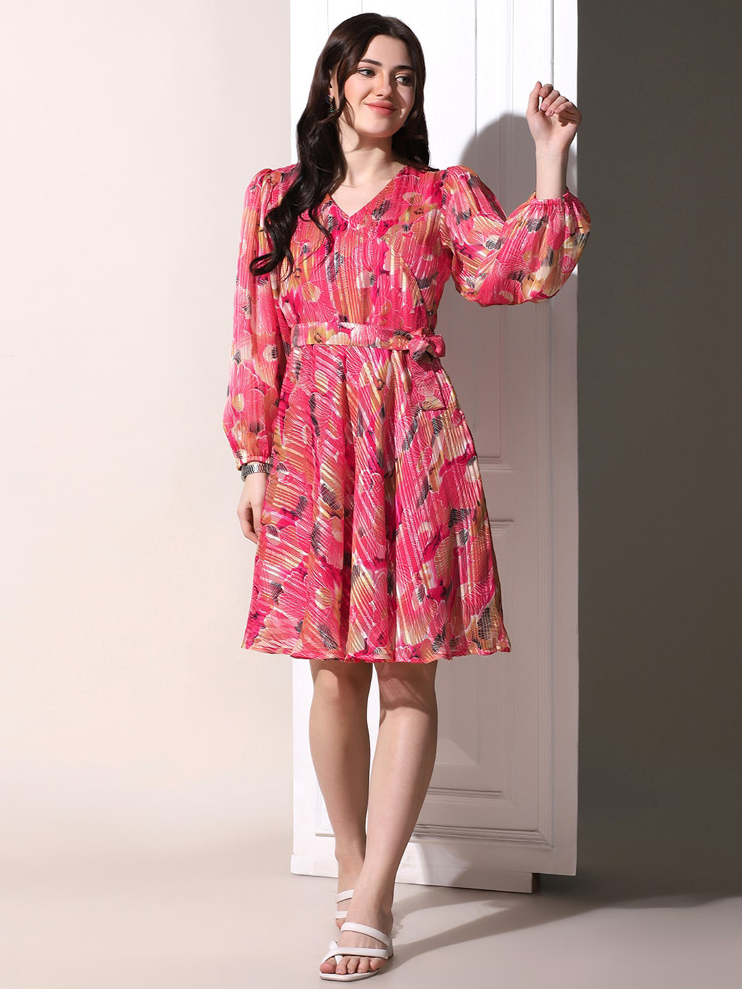 Women's Off White Puff Sleeve Georgette Fit & Flare Dress