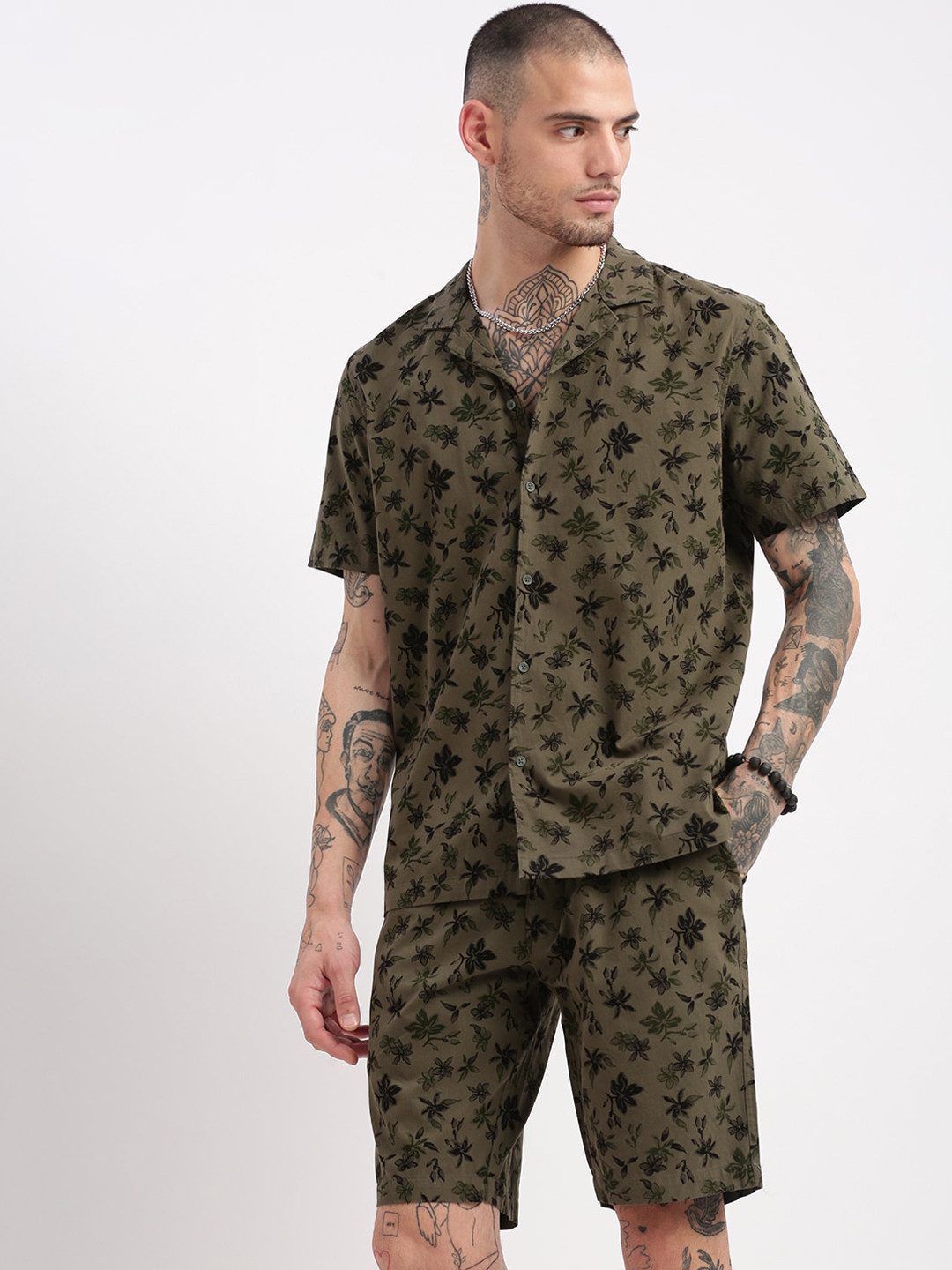 Men's Textured Grey Cuban Collar Shirt & Shorts Co-ord Set