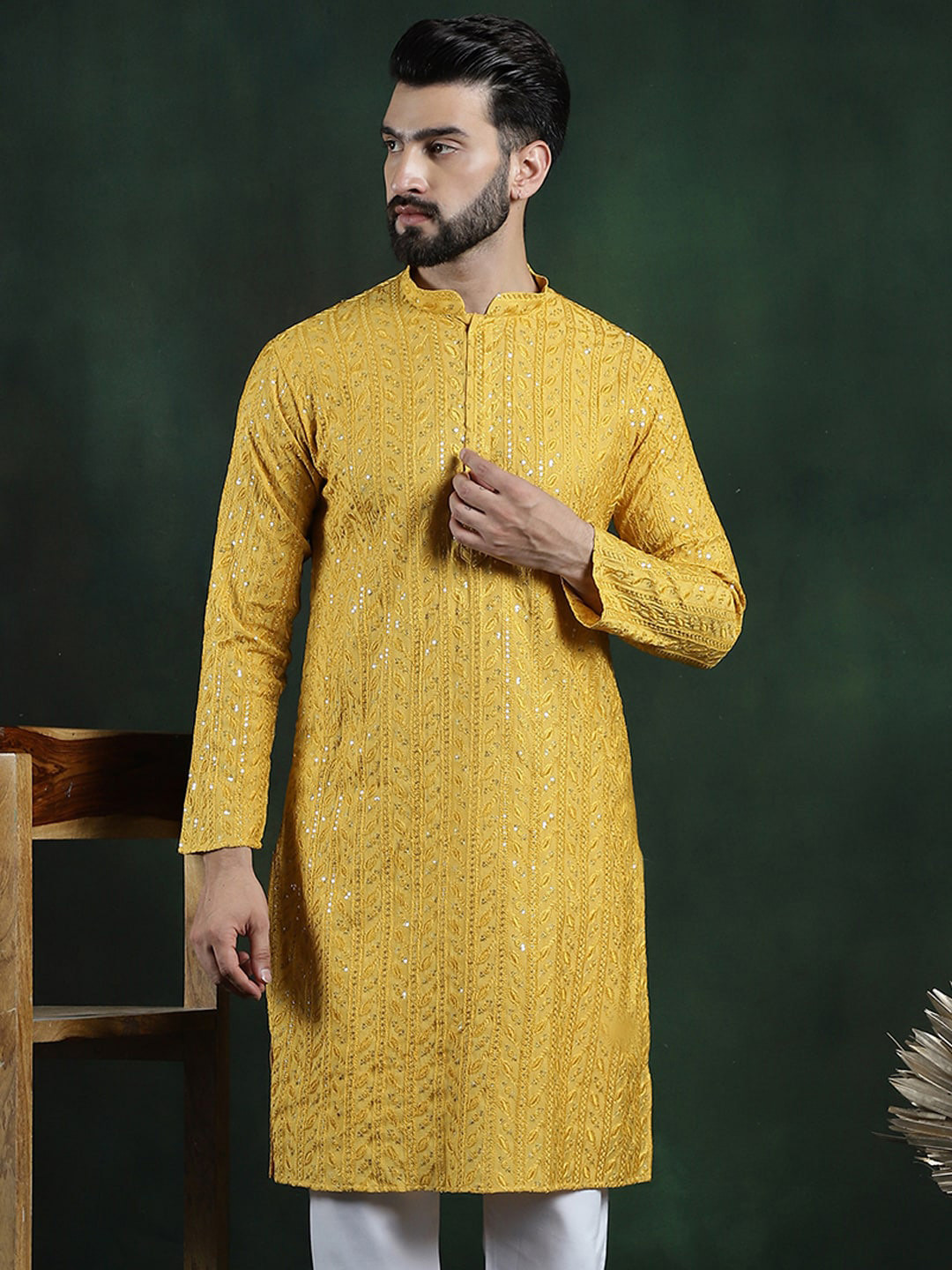 Embroidered & Sequins Straight Kurtas For Men