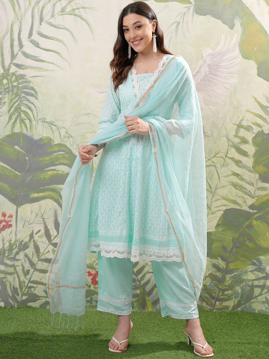 Blue Embroidered Viscose Rayon A-Line Women Kurta Trouser With Dupatta main image 0