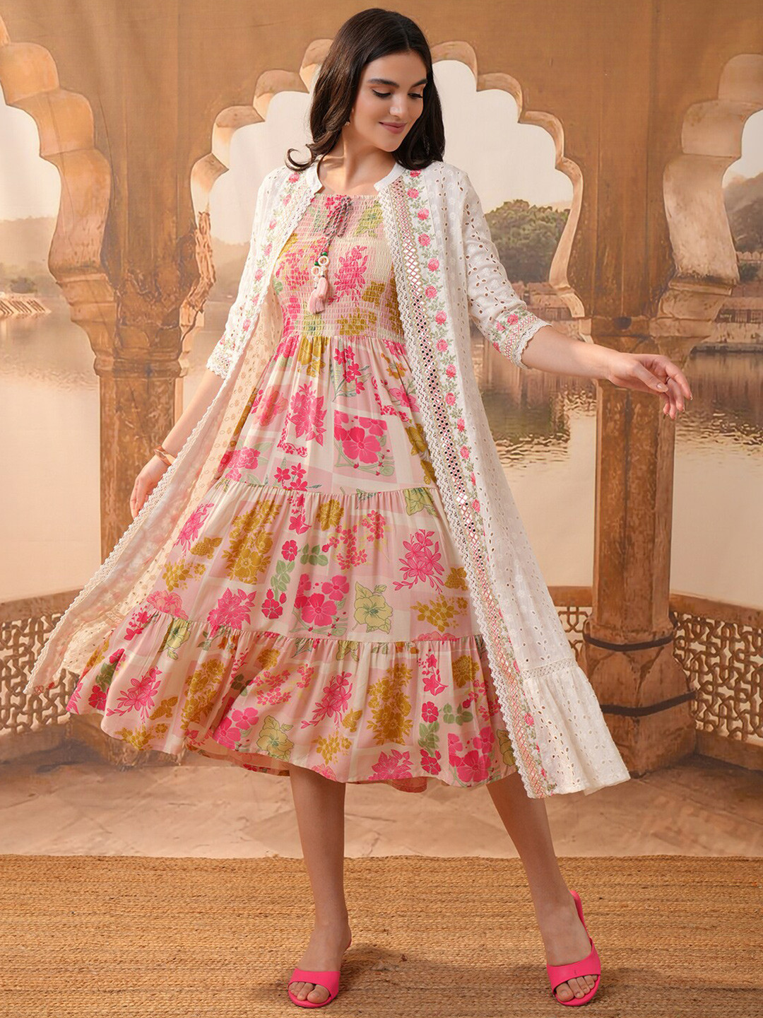 Women'S Smocking With Shrug Dress