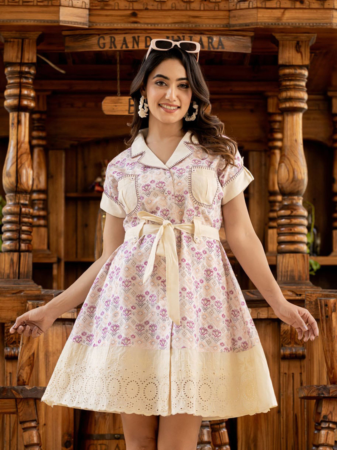 Udaan - Flared printed cotton dress with collar and buttoned placket detailing