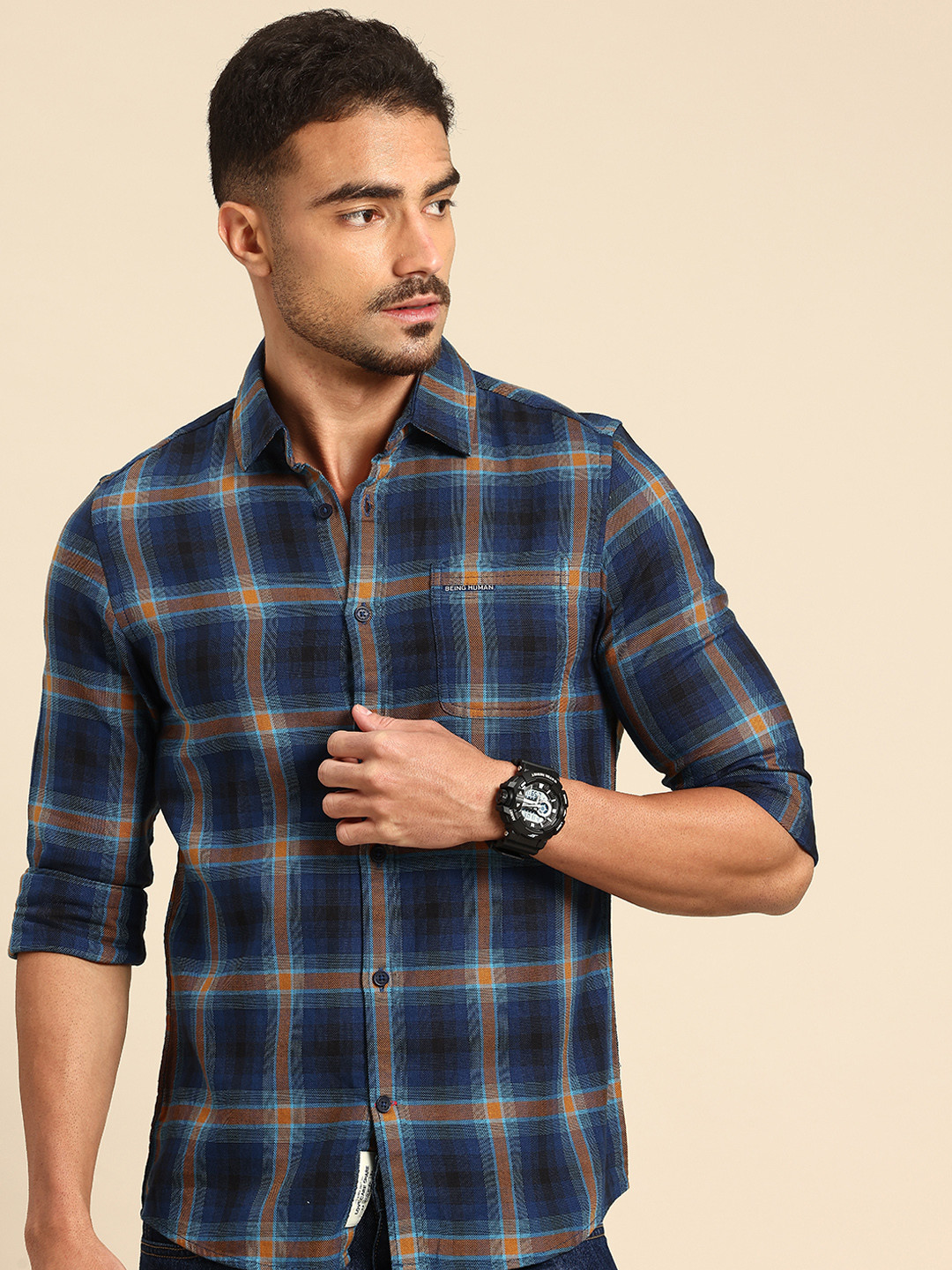 Green Slim Straight Fit Regular Collar Long Sleeves Cotton Men's Shirt by Being Human Clothing main image 1