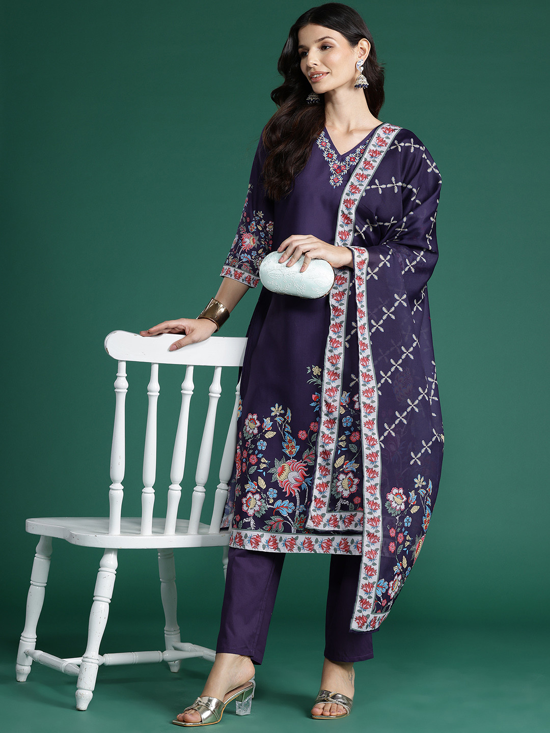Indo Era Purple Printed A-Line Kurta Trousers With Dupatta set