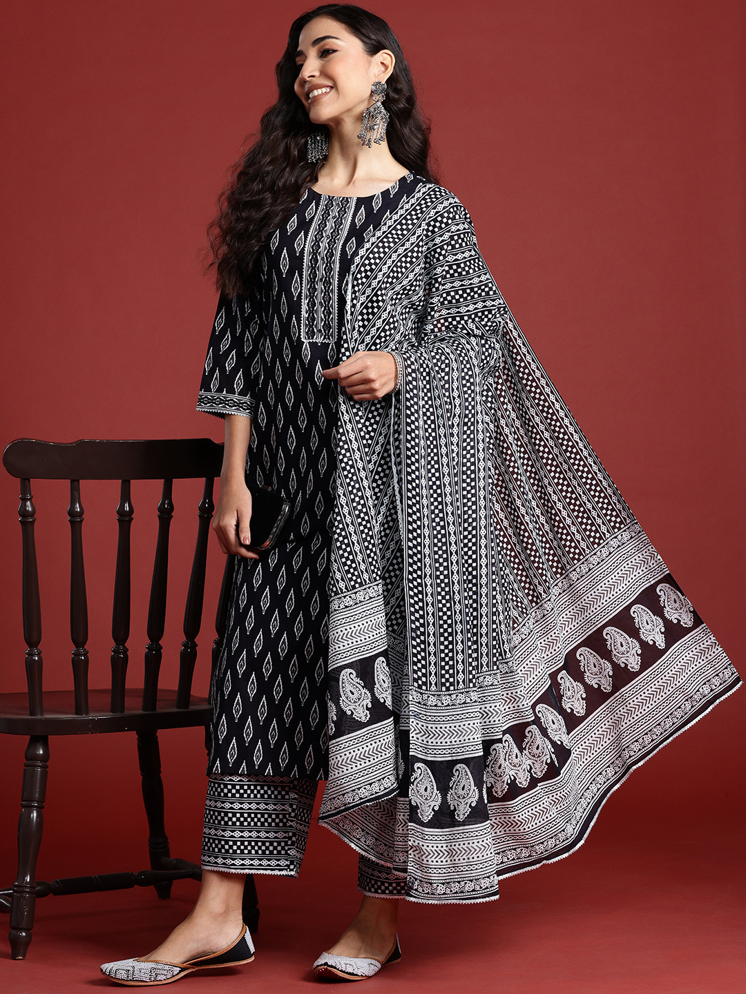 Indo Era Black Printed Straight Kurta Palazzos With Dupatta Set