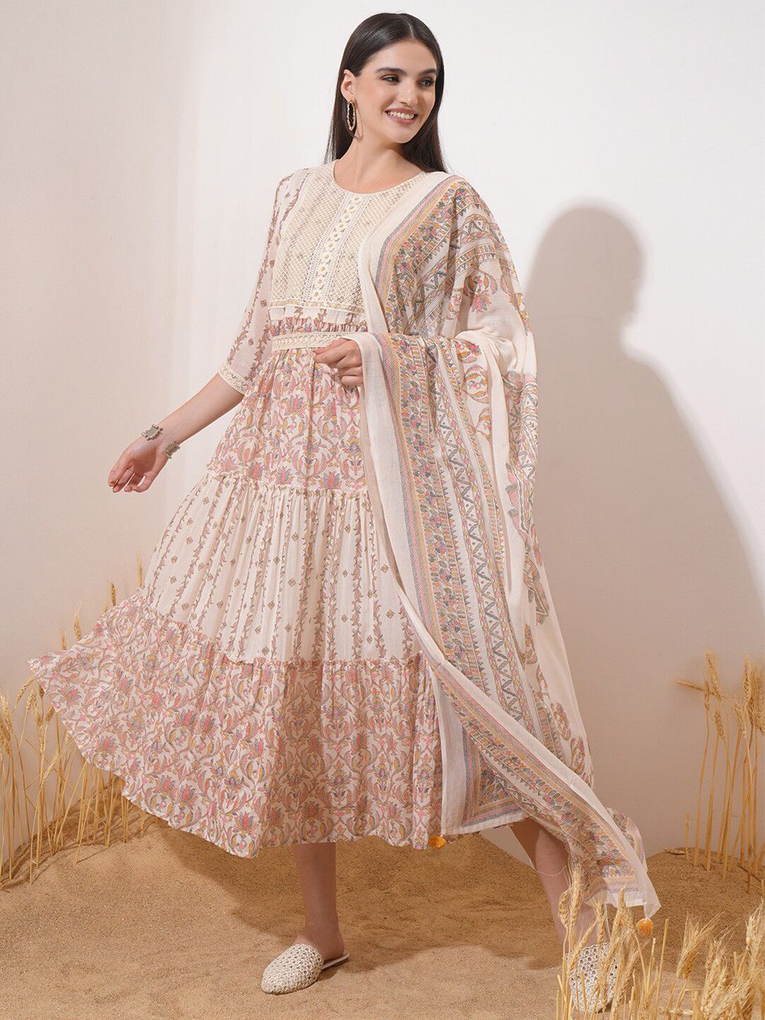 White Floral Printed Cotton Dress Material With Dupatta