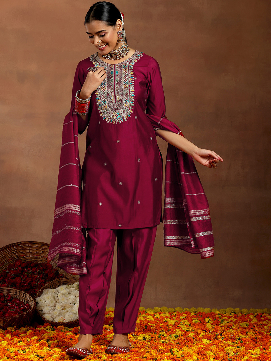 Floral Embroidered Zari Straight Kurta With Trousers & Dupatta