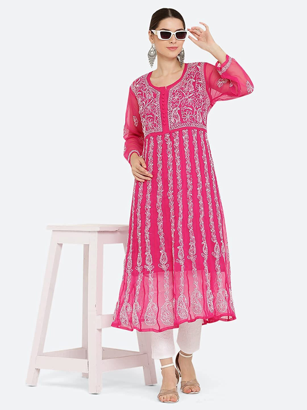 Floral Embroidered Round Neck Chikankari Anarkali Kurta & Trousers With Dupatta