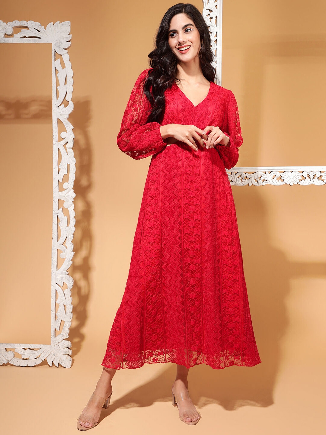 Buy DRAPE AND DAZZLE V Neck Long Puff Sleeves Net A Line Maxi Dress ...